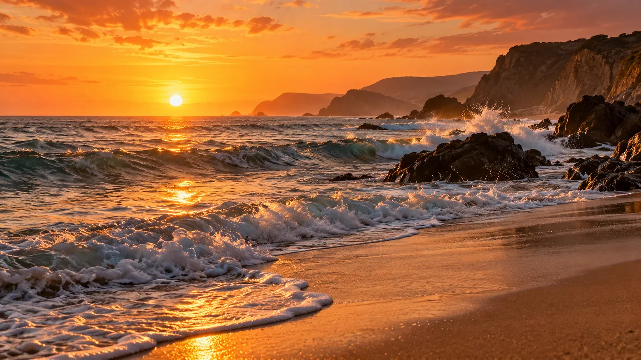 夕阳落在海面，海浪拍打岸边礁石的示例画面